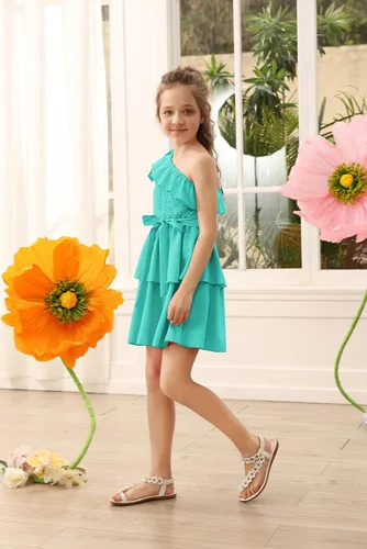 Vista 4 de Danna Belle Vestido de fiesta de verano para niñas, con un hombro, volantes, escalonado, ropa de regalo, tallas 5-14