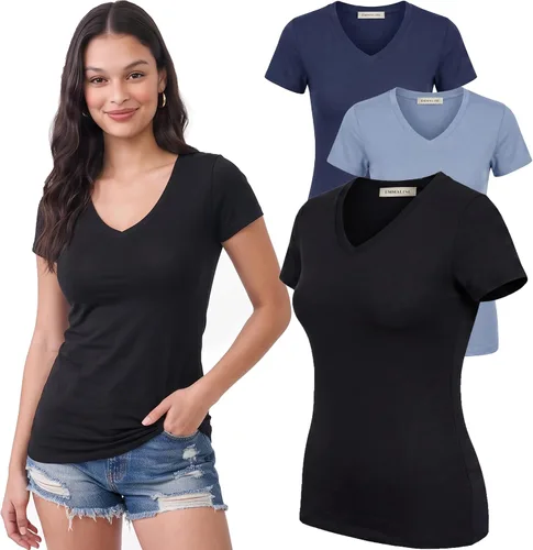 Vista 37 de Emmalise Camiseta de manga corta para mujer, cuello en V, tallas junior y plus