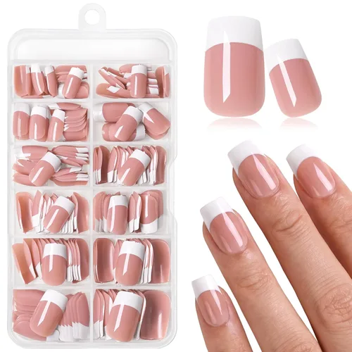 Vista 10 de 240 uñas postizas de punta francesa a presión, uñas postizas medianas de almendra, uñas blancas de punta francesa a presión, uñas acrílicas a