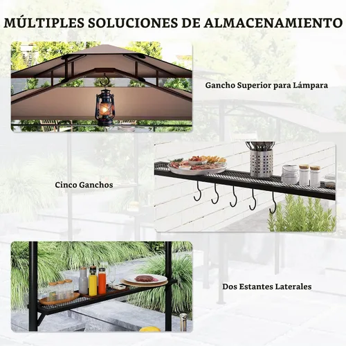 Vista 5 de Outsunny Gazebo de parrilla de 8' x 5' Toldo lateral de doble nivel, 6