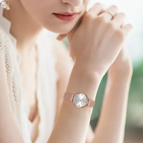 Vista 3 de Relojes de pulsera para mujer, moda simple, reloj de cuarzo para mujer, correa de malla con correa de malla analógica, regalo para el día