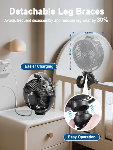 Vista 3 de Ventilador de cochecito nebulizador, ventilador portátil con batería de 6000 mAh con luz y giro de 360°, ventiladores personales con trípode