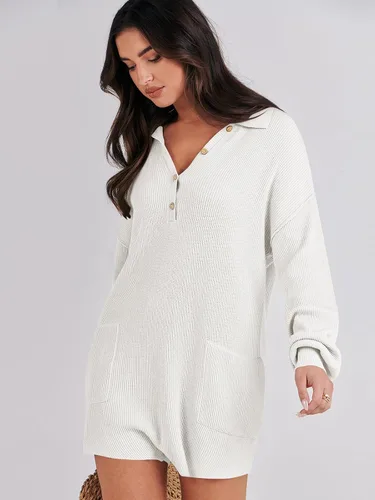Vista 7 de ANRABESS Enterizo de suéter para mujer, trajes de otoño 2023, a la moda, largo, Henley, cuello en V, overol de punto para descansar