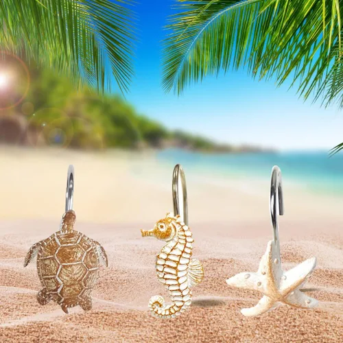 Vista 4 de YUKUNTANG Seashell - Ganchos para cortina de ducha, 12 piezas de anillos de cortina de ducha de resina decorativa antioxidante para baño, Concha