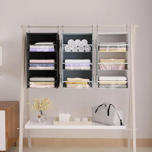 Vista 7 de Organizador de armario colgante de 3 estantes, diseño de borde frontal, estantes de almacenamiento de armario colgantes más anchos y plegables con 4