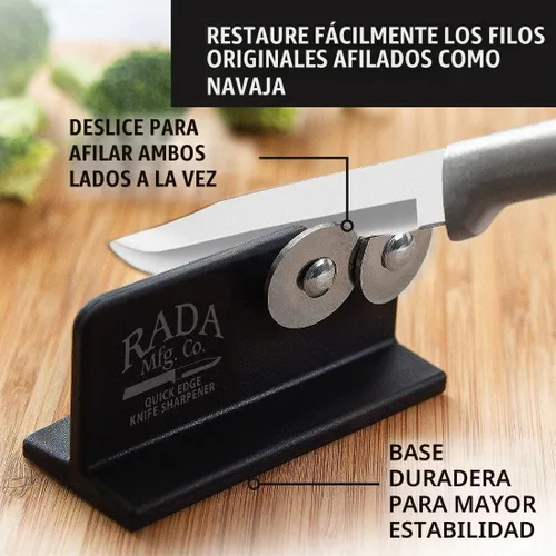 Vista 2 de Afilador de cuchillos Rada Quick Edge (R119), 3.5"x2", ruedas de acero inoxidable, fabricado en Estados Unidos Ruedas de acero inoxidable de 3.5