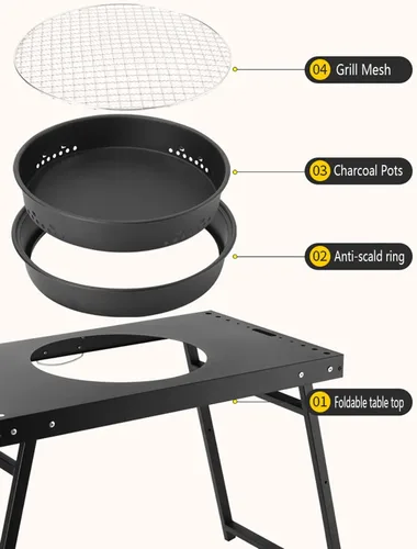Vista 5 de Parrilla de carbón portátil, parrilla plegable de acero al carbono negra 25.5 in Patio Barbecue BBQ Grill,for Outdoor Cooking, Patio, Party