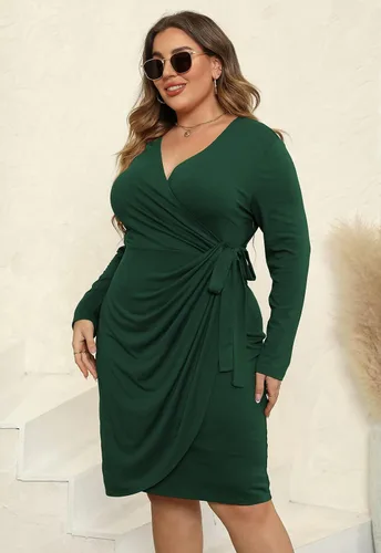 Vista 5 de Nemidor NEM303 - Vestido cruzado fruncido de talla grande para mujer, plisado, entallado, a media pierna, casual, vestido de trabajo para fiesta