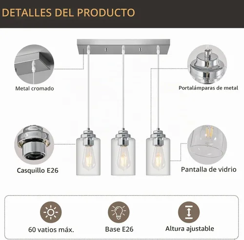 Vista 3 de Lámpara colgante moderna de isla industrial colgante de vidrio semillado, lámpara de techo cromada para cocina, isla, pasillo, dormitorio, bar Cromo