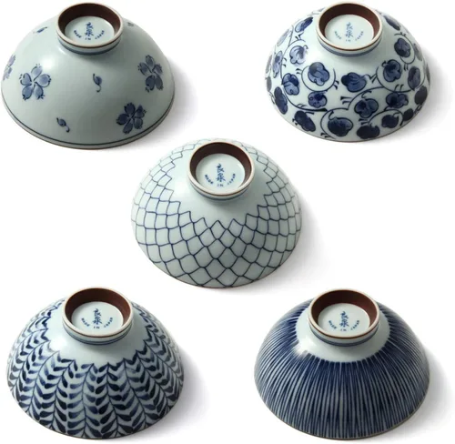 Vista 3 de ese Pottery Set – Cuencos de arroz tradicionales – Cuencos asiáticos azules y blancos – Pintados a mano – Cerámica premium – Juego de 5 cuencos