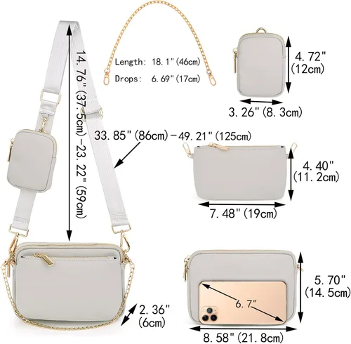 Vista 6 de UTO Pequeñas bolsas cruzadas para mujer, 3 en 1, diseño de moda, mini cangurera con correa