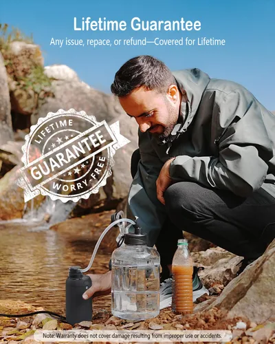 Vista 5 de Purificador de agua portátil para acampar Sistema de filtración de agua dual de 0.01 micrones para mochileros al aire libre, senderismo, emergencia