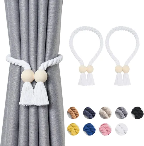 Vista 18 de NICEEC 2 Pack de Alzapaños Magnéticos de Madera en Forma de Cubo Boho para Decoración del Hogar, Alzapaños de Lino Tejidos a Mano para Cortinas Beige