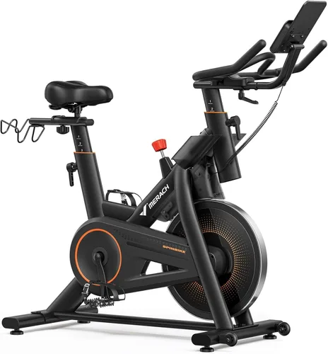 Vista 9 de Merach Exercise Bike for Home Gym, Low Noise Stationary Bike with Brake Pad, Indoor Workout Bike with Self-Developed App, Tablet Mount and Fitness