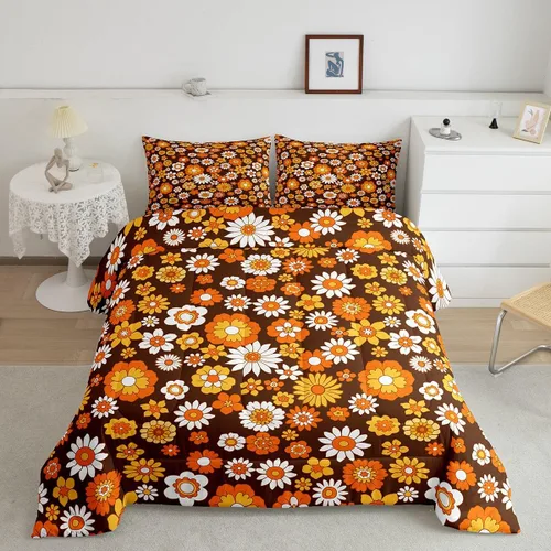 Vista 16 de Juego de ropa de cama con estampado floral bohemio, tamaño individual, diseño retro de flores groovy, 60S y 70S, juego de edredón de flores hippie