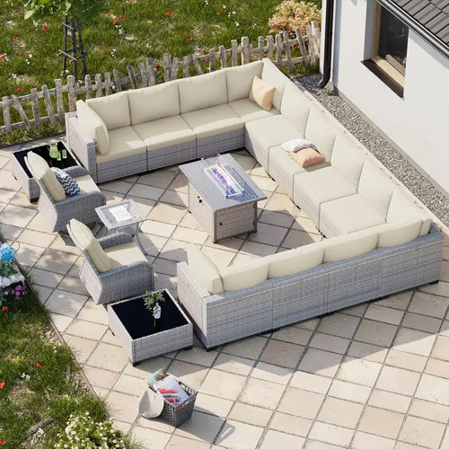 Vista 45 de Juego de sofá modular de mimbre de polietileno para exteriores Gris