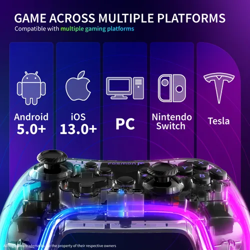 Vista 3 de Fosmon Wireless Controller, Gaming Controller with RGB Lights for SwitchLiteOLED and AndroidiOSPCSteamApple Arcade MFi Games & Tesla, Switch Pro
