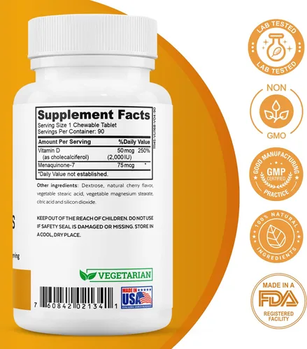 Vista 3 de Vitamina D3 + K2 Masticables, sabor a cereza 2000 UI de vitamina D, MK7 K2 (menaquinona-7), tabletas, para adultos y niños
