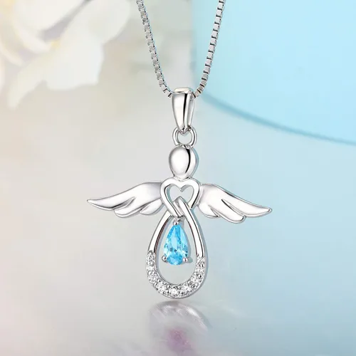 Vista 2 de FJ Collar de ángel de plata de ley con dije de corazón de ángel de amor infinito, gota de lágrima AAA para mujer, Circonia cúbica
