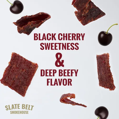 Vista 3 de Slate Belt Smokehouse Black Cherry Beef Jerky, aperitivo alto en proteínas, cecina sin gluten, 9 onzas