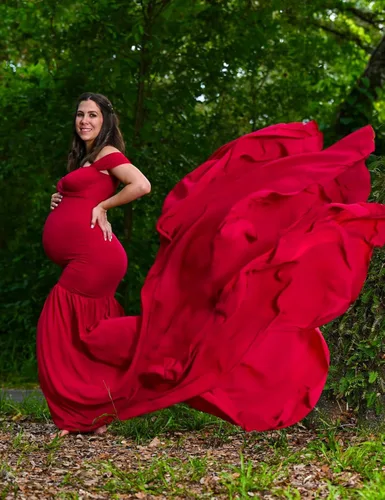 Vista 3 de ORQ Vestido de gasa de maternidad con hombros descubiertos para accesorios de fotos, vestido maxi de fotografía para sesión de fotos
