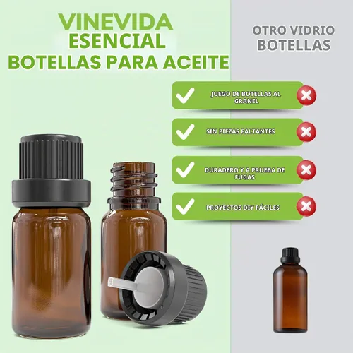 Vista 2 de Botellas de vidrio para aceites esenciales, botella de ámbar vacía recargable con reductor de orificios, cuentagotas y tapa, suministros