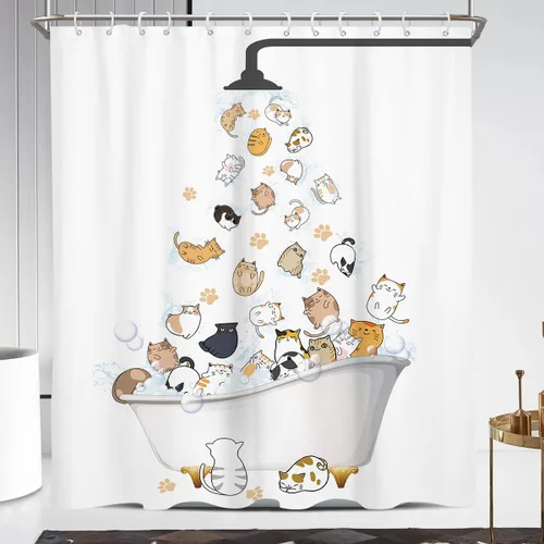 Vista 8 de Coxila Divertida cortina de ducha de gatos para niños, linda y divertida caricatura, Kawaii con estampado de patas de animales, colorida, divertida