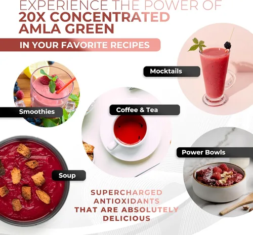 Vista 6 de Polvo de Amla y Té Verde - Suplemento de Superalimento con Hibisco, 20x Amla Ultra Concentrada, Apoyo Antioxidante, Hecho con Té Oolong y Grosellas