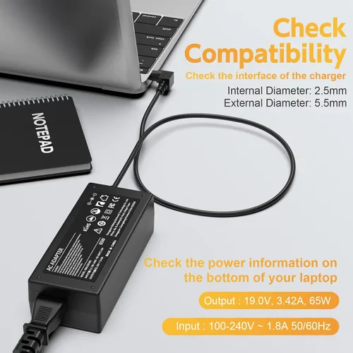 Vista 2 de ROLADA Cargador para portátil de 65 W compatible con el cable de fuente de alimentación Asus VivoBook X Series