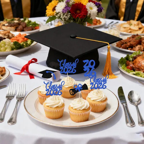 Vista 5 de 24 piezas 2026 temáticas de graduación 2026 decoraciones para cupcakes con purpurina clase de 2026 Diploma Congrats 2026 Tapa de graduación