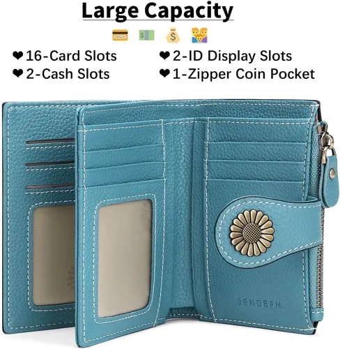 Vista 8 de SENDEFN Carteras pequeñas para mujer, con bloqueo RFID, de cuero, plegable, tarjetero con ventana de identificación, Pequeña