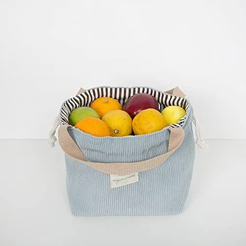 Vista 5 de Lonchera de pana para mujer, lonchera estética, con cordón, bonita bolsa de mano, suministros pastel (cordón azul)