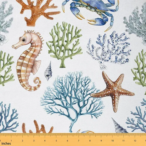 Vista 7 de jejeloiu Tela de Tapicería de Concha de Erizo de Mar por Yarda, Tela de Retapizado con Temática Marina Oceánica para Sillas, Tela Decorativa