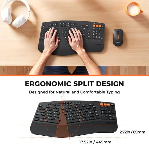 Vista 3 de MEETION Teclado y mouse ergonómicos, teclado Bluetooth multidispositivo y mouse inalámbricos, mouse ajustable de 4 DPI, teclado dividido