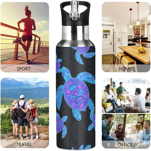 Vista 5 de BPA-Free Sports Water Bottle with Straw 32 Oz, Insulated Water Bottle for Gym Outdoor Travel School, Neon Sea Turtles Black