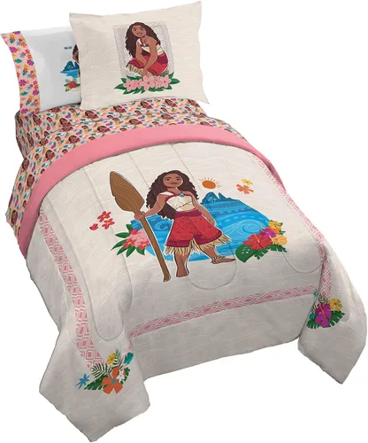 Vista 26 de Disney Moana - Juego de edredón individual de 5 piezas para niñas, color beige Bed in a Bag, Comforter Sheets Sham Pillowcase, Official