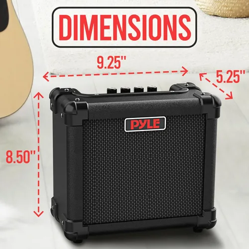 Vista 3 de Pyle Amplificador portátil de guitarra eléctrica, batería o pared, 10 vatios, mini amplificador de instrumento con altavoz de alta definición de 5