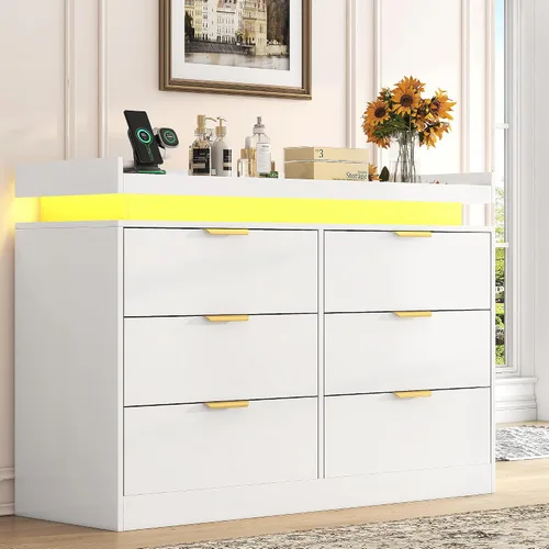 Vista 16 de UNIQUITE Cómoda negra con luces LED y toma de corriente, cómoda alta de madera con 4 cajones para dormitorio, cómoda moderna para dormitorio