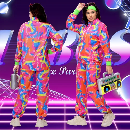 Vista 5 de Traje de los años 80 para hombres y mujeres, traje retro neón de los años 90, traje de entrenamiento para fiestas de hip hop, ropa deportiva