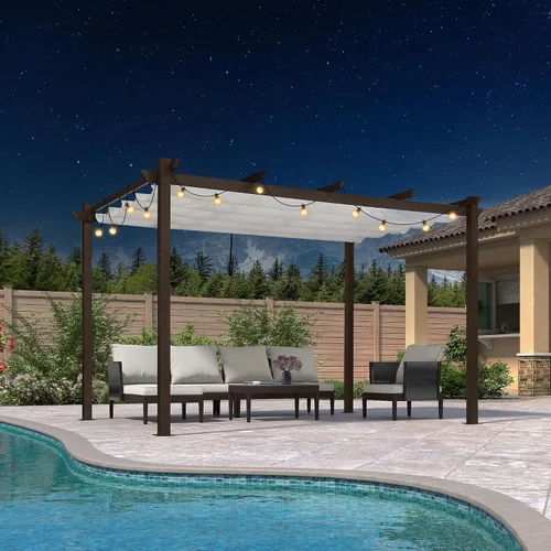 Vista 25 de PURPLE LEAF Pérgola de 10 x 12 pies con toldo retráctil, pérgola cuadrada de bronce de aluminio para patio al aire libre, junto a la piscina, beige