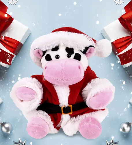 Vista 4 de DolliBu Juguete de peluche de vaca de Papá Noel, súper suave, disfraz de animal salvaje con traje de Papá Noel rojo, lindo regalo de vida silvestre