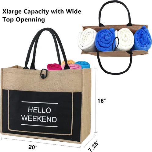 Vista 2 de BeeGreen Bolsa de playa de yute para mujer Hello Weekend Vibes extra grande de 20 x 16 x 7.25 pulgadas, bolsa de playa bordada de arpillera
