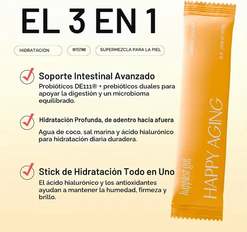 Vista 2 de Happy Aging Happiest - Polvo de hidratación intestinal - electrolitos + probióticos + prebióticos duales + ácido hialurónico - Equilibrio