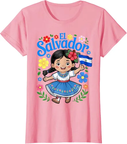 Vista 11 de Camiseta de estilo tradicional floral para niña con la bandera de El Salvador