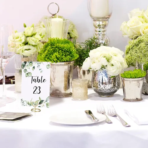 Vista 6 de Spakon 52 piezas de números de mesa de boda 1-25 y 1 tarjeta de cabeza con 26 soportes dorados de números de mesa de corazón para boda, cumpleaños