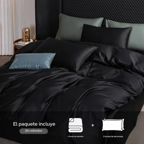 Vista 2 de MooMee Juego de funda de edredón 100% algodón de fibra extra larga de 600 hilos, satén sedoso, suave, transpirable, duradero, ropa de cama de Negro