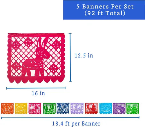 Vista 4 de Pancartas de fiesta mexicana (paquete de 5, 10 diseños de banderas de plástico por bandera) + piñata mexicana (grande de 32 pulgadas), pancarta
