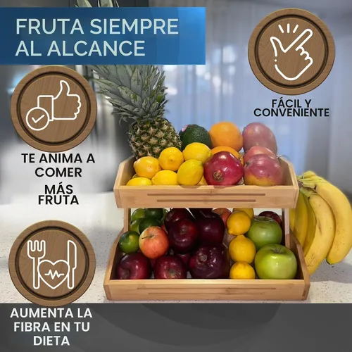 Vista 3 de Cesta de frutas de bambú de 2 niveles para encimera de cocina con ganchos para colgar plátanos, soporte de fruta de madera para encimera de cocina