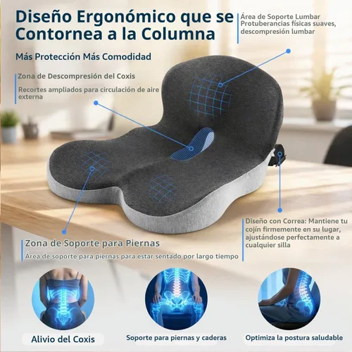 Vista 4 de lazyzzz Cojín para silla de oficina, cojín de espuma viscoelástica con soporte lumbar y correa ajustable, cojín ortopédico ergonómico para asiento