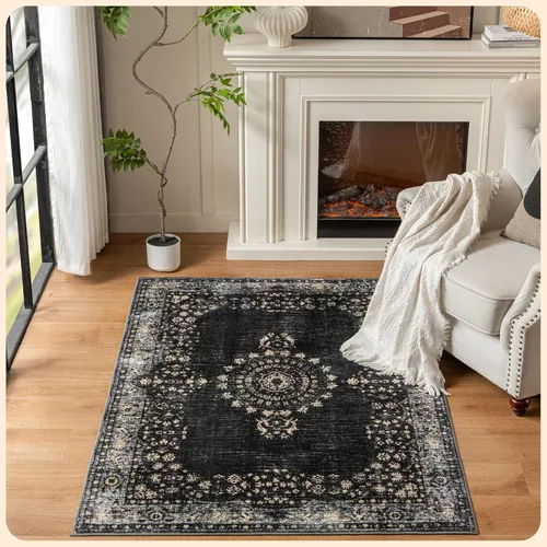 Vista 371 de Istana Alfombra larga antideslizante de 2.5 x 8 para el hogar, para pasillo y cocina, lavable, sedosa y suave al tacto, elegante, color azul y marfil